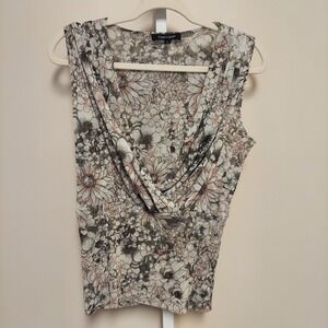 Karen Kane Large Floral Faux Wrap Mesh Sleeveless Blouse Grey‎ Pink L Romantic
